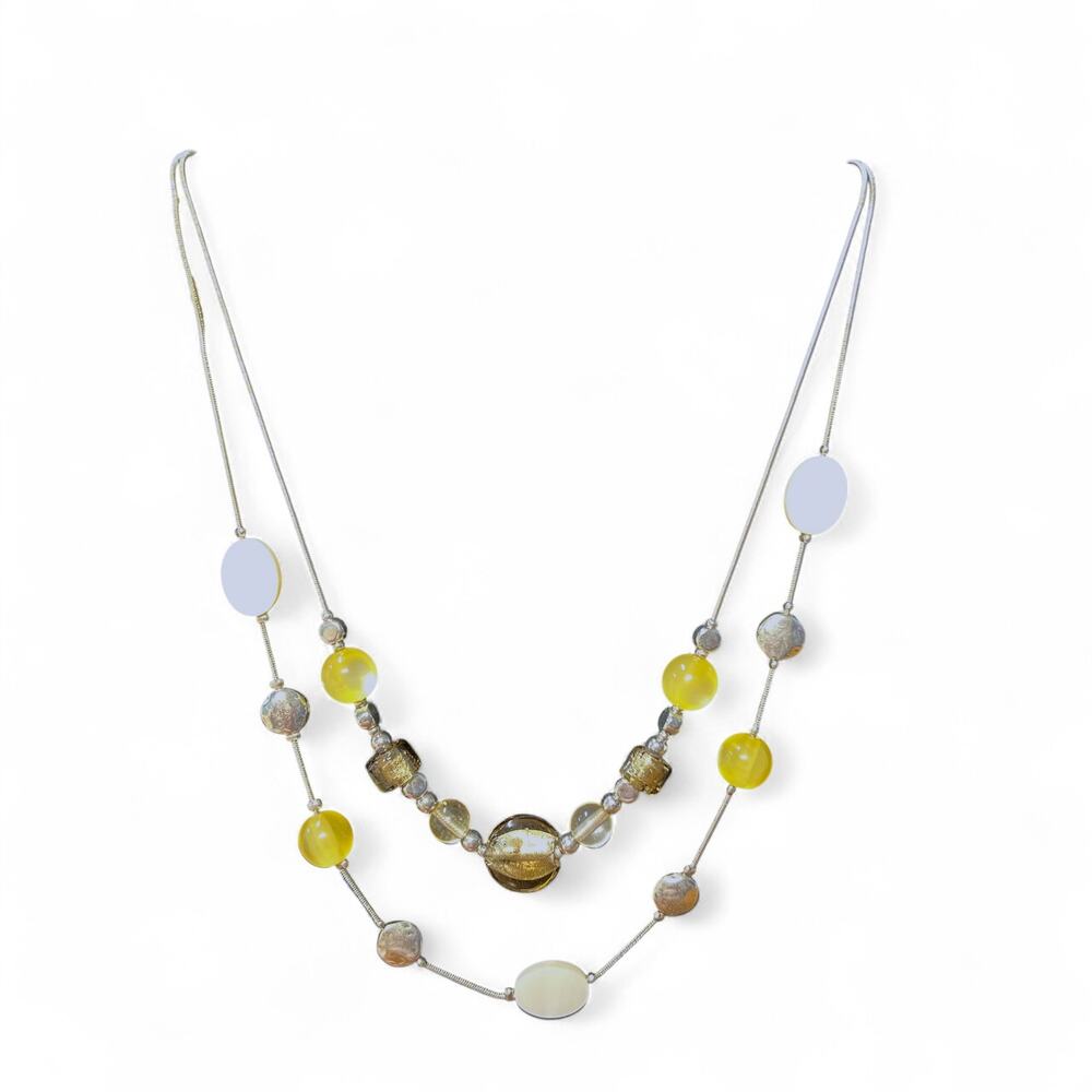 NWT CJ Banks 2 Strand Silver Tone Yellow White Beaded Necklace